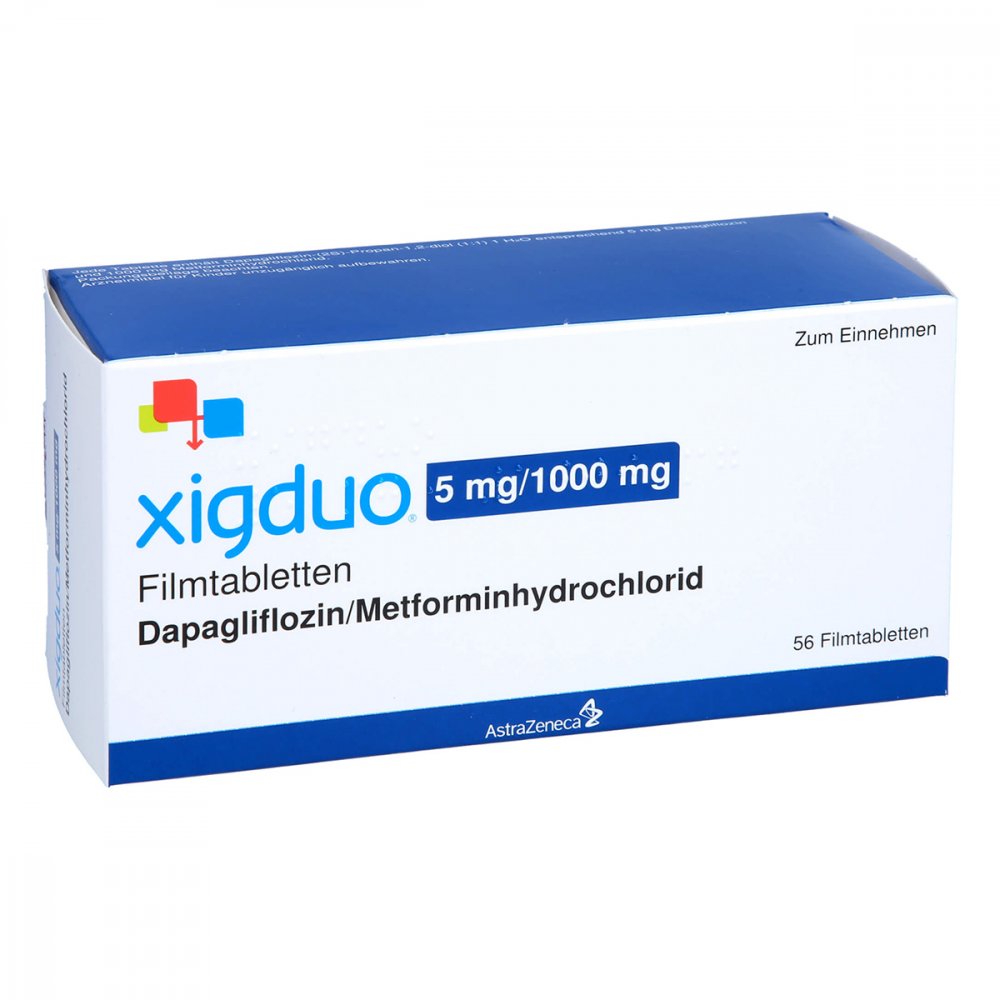 Das Produktfoto zeigt Xigduo 5 Mg/1000 Mg Filmtabletten (56 stk) PZN 10126587