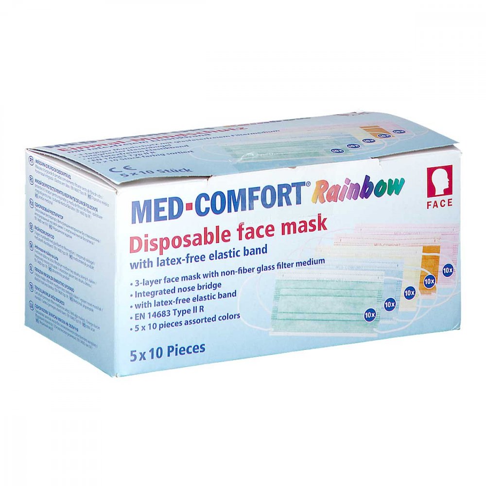 Das Produktfoto zeigt Med Comfort Mundschutz Rainbow Farbmix (50 stk) PZN 10127730