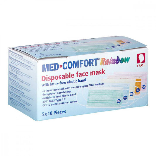 Das Produktfoto zeigt Med Comfort Mundschutz Rainbow Farbmix (50 stk) PZN 10127730