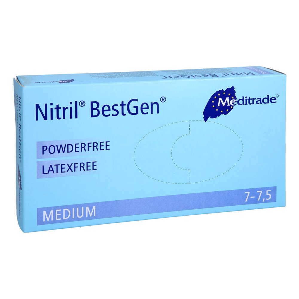 Das Produktfoto zeigt Nitril Bestgen Unt.Handschuhe Unsteril Gr.M (100 stk) PZN 10129545