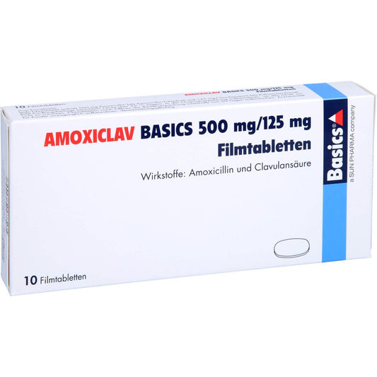 Das Produktfoto zeigt Amoxiclav Basics 500 Mg/125 Mg Filmtabletten (10 stk) PZN 10130117