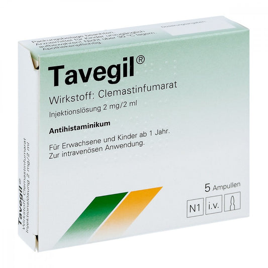 Das Produktfoto zeigt Tavegil Injektionslösung 2 Mg/2 Ml Ampullen (5X2 ml) PZN 10130643