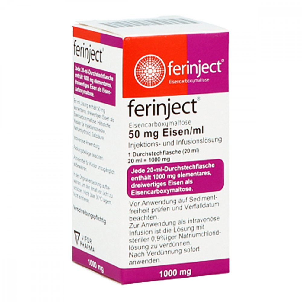 Das Produktfoto zeigt Ferinject 50 Mg Eisen/Ml Inj.-/Inf.-Lsg.1000mg (1X20 ml) PZN 10130809