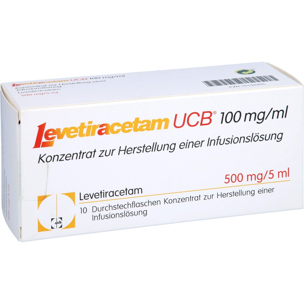 Das Produktfoto zeigt Levetiracetam Ucb 100 Mg/Ml Konz.H.Inf.-L.500mg (10 stk) PZN 10132205