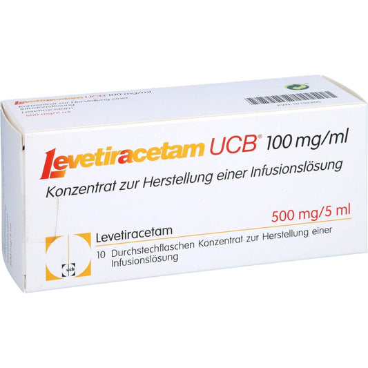 Das Produktfoto zeigt Levetiracetam Ucb 100 Mg/Ml Konz.H.Inf.-L.500mg (10 stk) PZN 10132205
