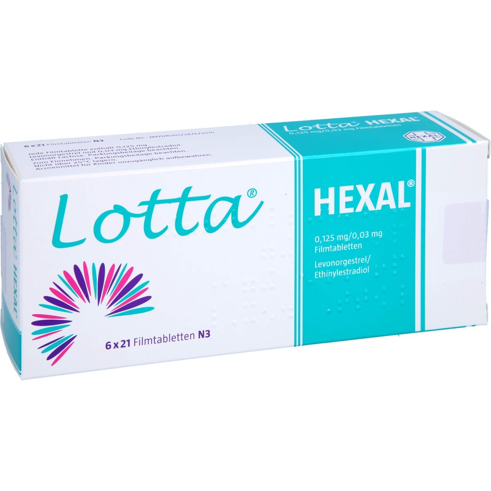 Das Produktfoto zeigt Lotta Hexal 0,125 Mg/0,03 Mg Filmtabletten (6X21 stk) PZN 10143798
