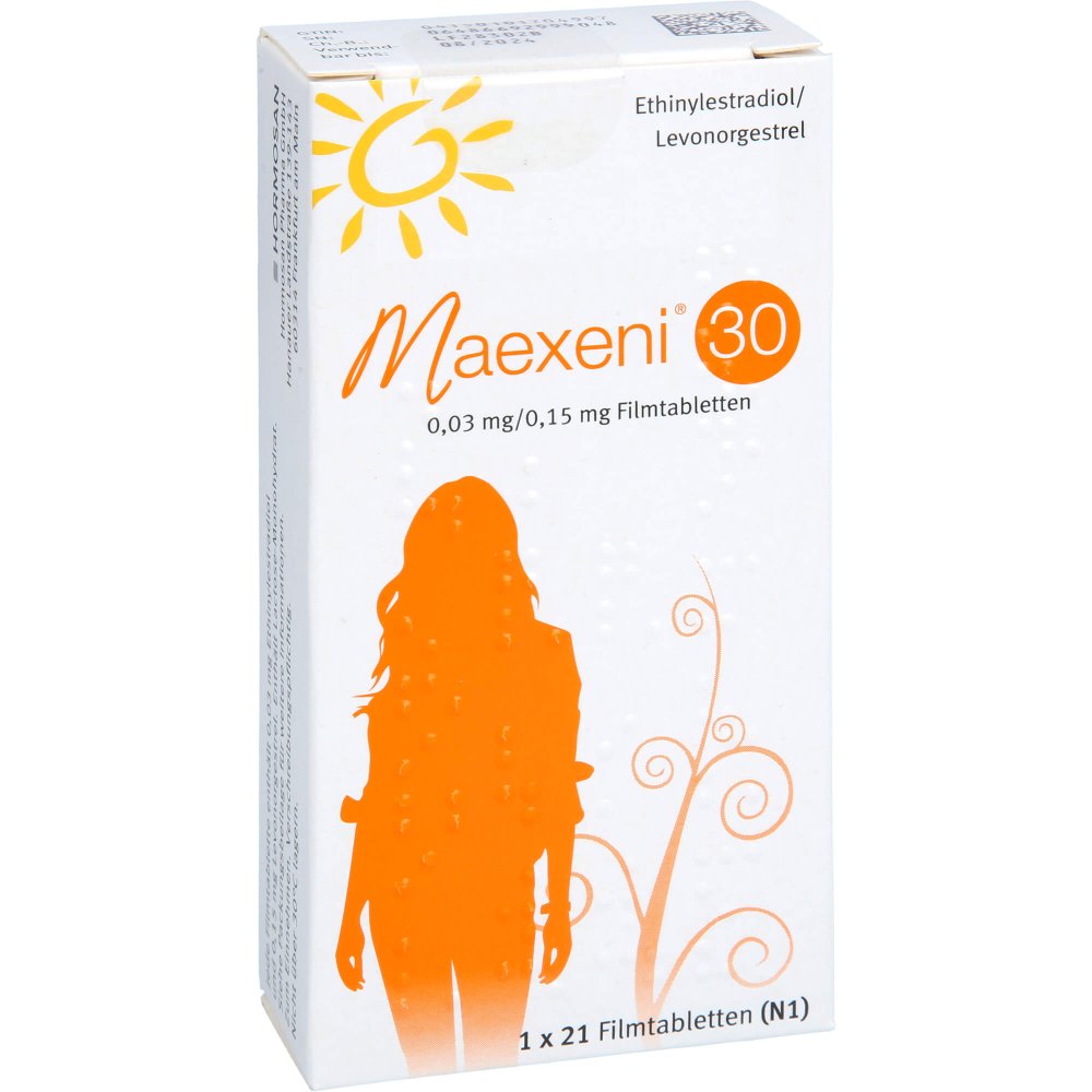 Das Produktfoto zeigt Maexeni 30 0,03 Mg/0,15 Mg Filmtabletten (1X21 stk) PZN 10170499