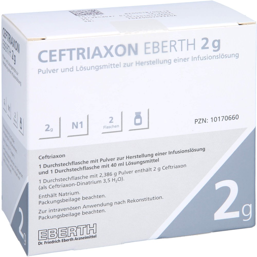 Das Produktfoto zeigt Ceftriaxon Eberth 2 G Plv.U.Lm Z.Herst.E.Inf.-Lsg. (1 stk) PZN 10170660