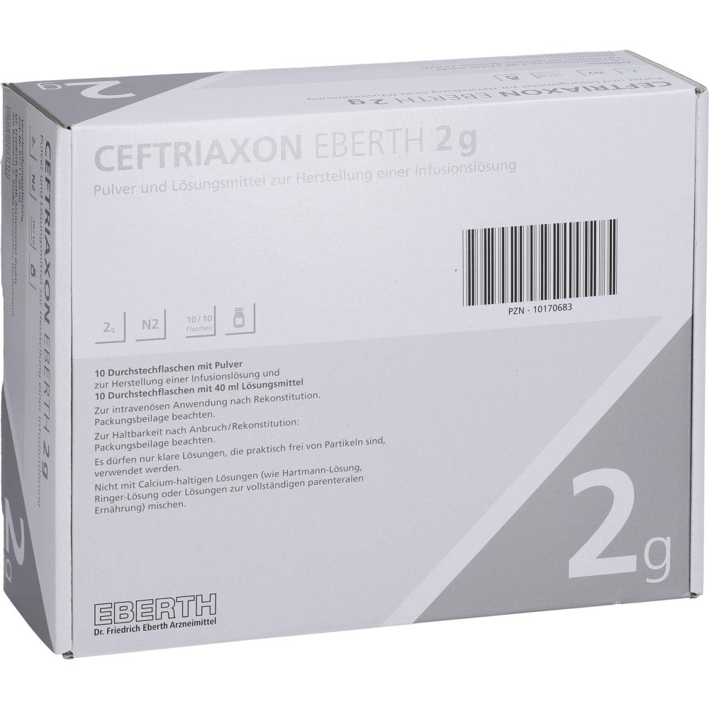 Das Produktfoto zeigt Ceftriaxon Eberth 2 G Plv.U.Lm Z.Herst.E.Inf.-Lsg. (10 stk) PZN 10170683