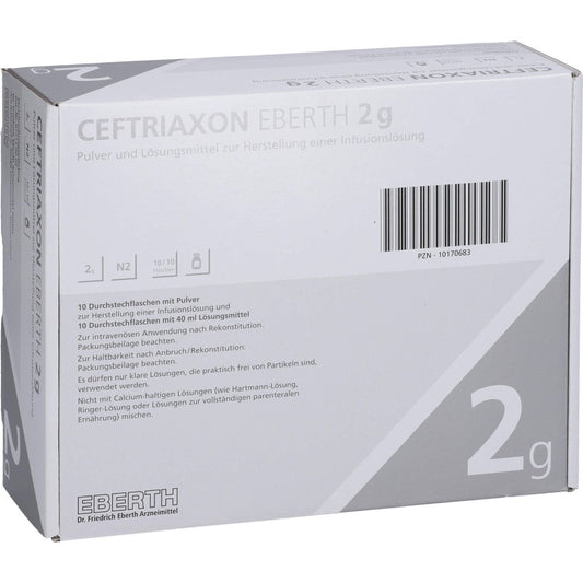 Das Produktfoto zeigt Ceftriaxon Eberth 2 G Plv.U.Lm Z.Herst.E.Inf.-Lsg. (10 stk) PZN 10170683