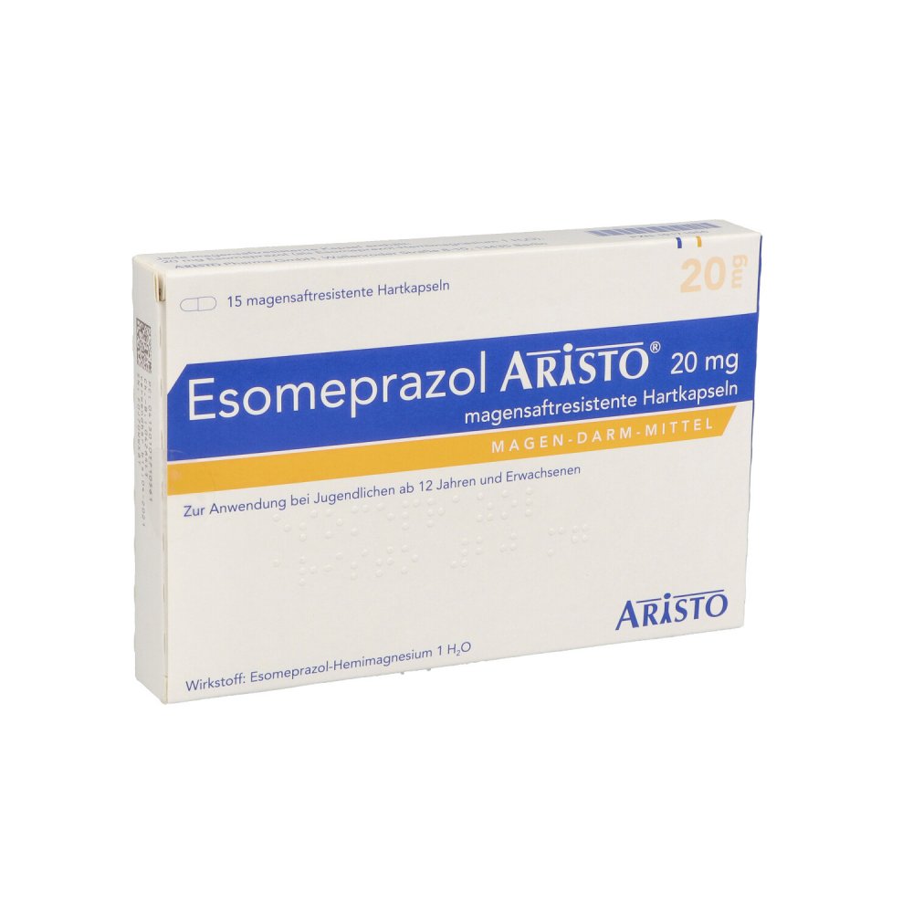 Das Produktfoto zeigt Esomeprazol Aristo 20 Mg Magensaftres.Hartkapseln (15 stk) PZN 10171056