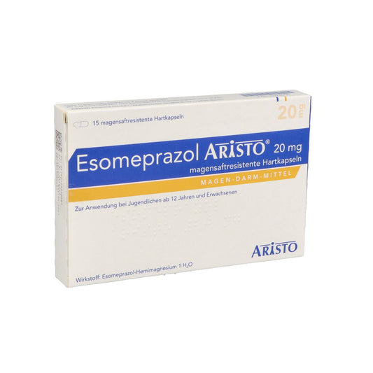 Das Produktfoto zeigt Esomeprazol Aristo 20 Mg Magensaftres.Hartkapseln (15 stk) PZN 10171056