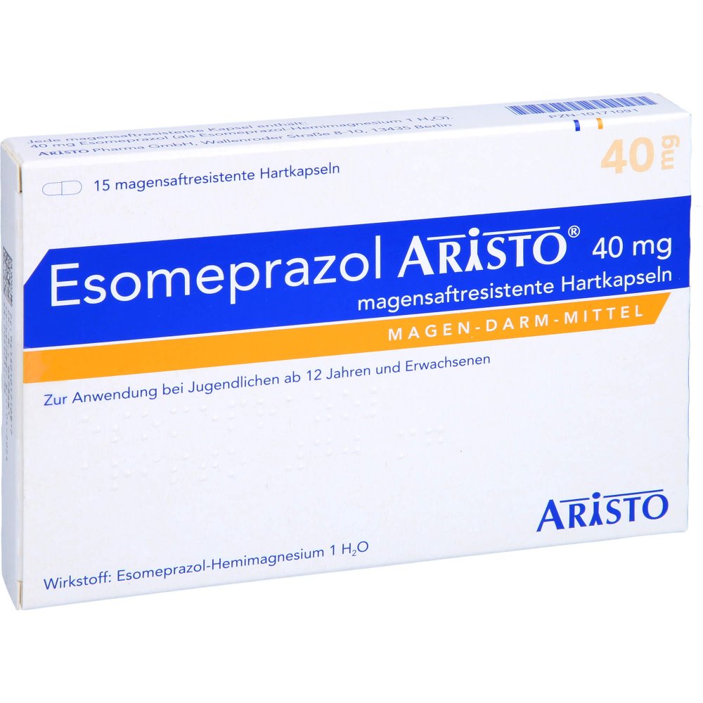 Das Produktfoto zeigt Esomeprazol Aristo 40 Mg Magensaftres.Hartkapseln (15 stk) PZN 10171091