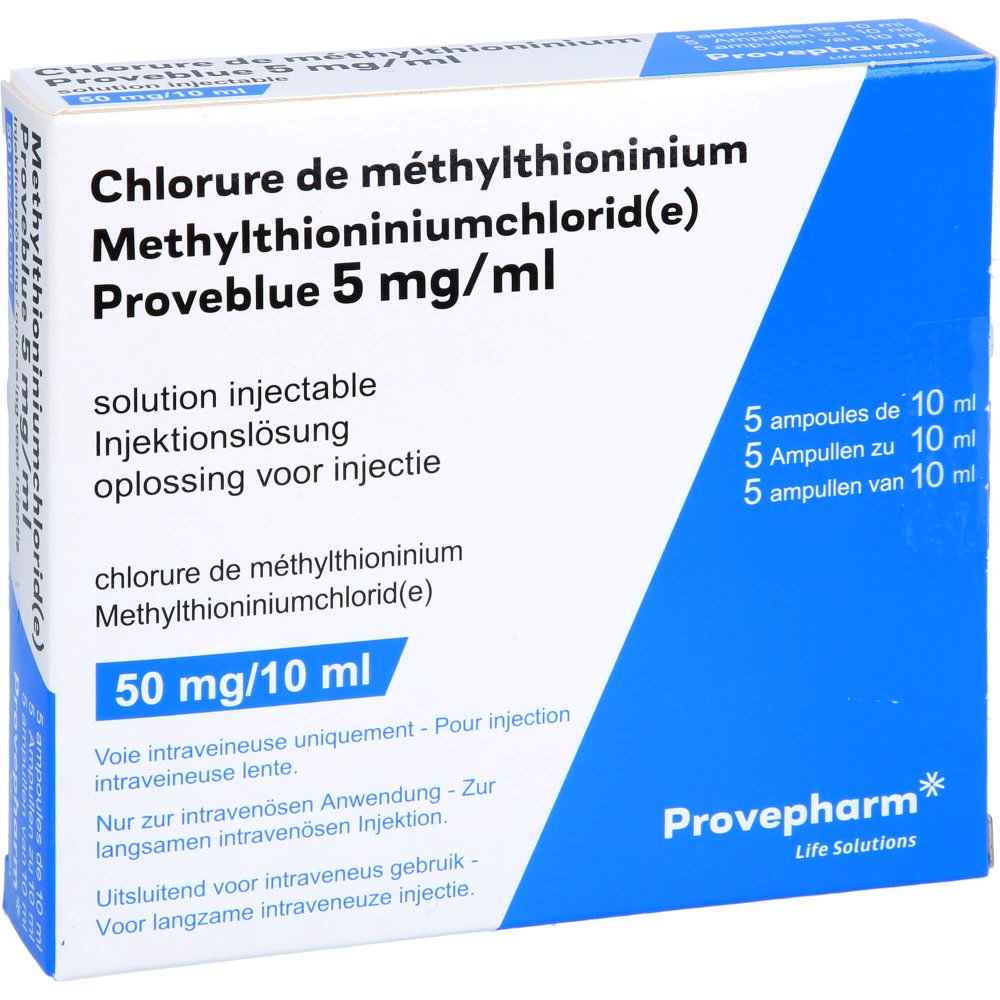 Das Produktfoto zeigt Methylthioniniumchlorid Proveblue 5 Mg/Ml Ampullen (5X10 ml) PZN 10179678