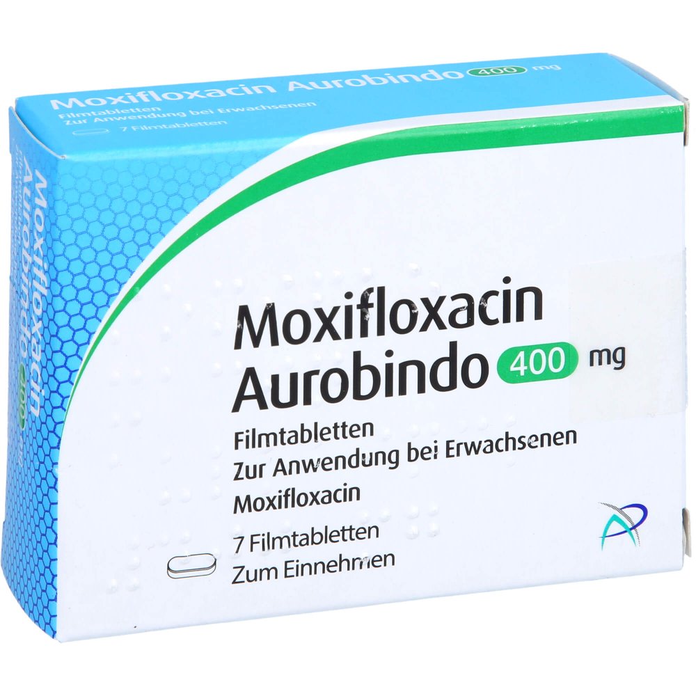 Das Produktfoto zeigt Moxifloxacin Aurobindo 400 Mg Filmtabletten (7 stk) PZN 10180233