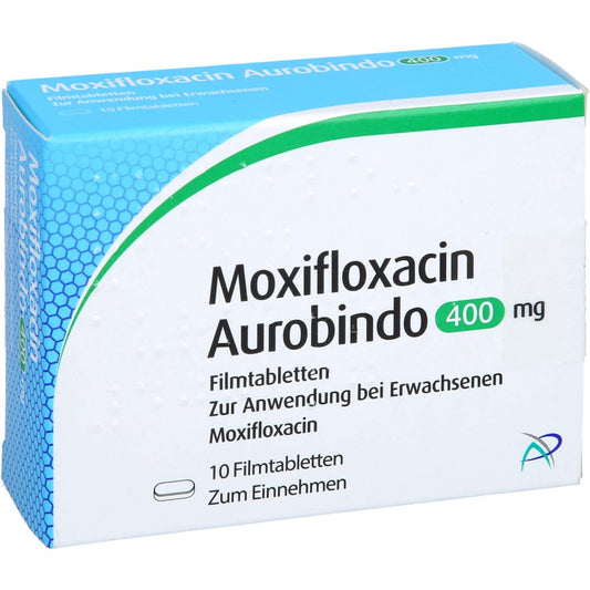 Das Produktfoto zeigt Moxifloxacin Aurobindo 400 Mg Filmtabletten (10 stk) PZN 10180256