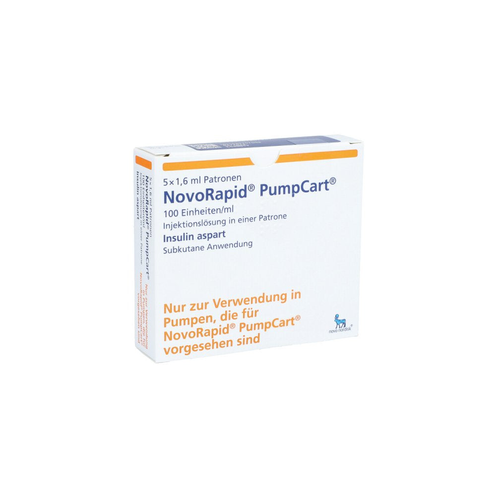Das Produktfoto zeigt Novorapid Pumpcart 100 E/Ml Inj.-Lsg.I.E.Patrone (5X1.6 ml) PZN 10180724