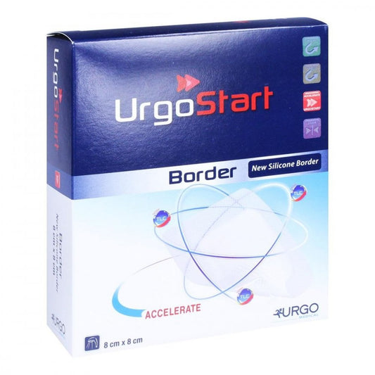 Das Produktfoto zeigt Urgostart Border 8x8 Cm Schaumstoffwundverband (10 stk) PZN 10180960