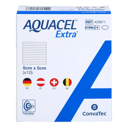Das Produktfoto zeigt Aquacel Extra 5x5 Cm Verband (10 stk) PZN 10185526