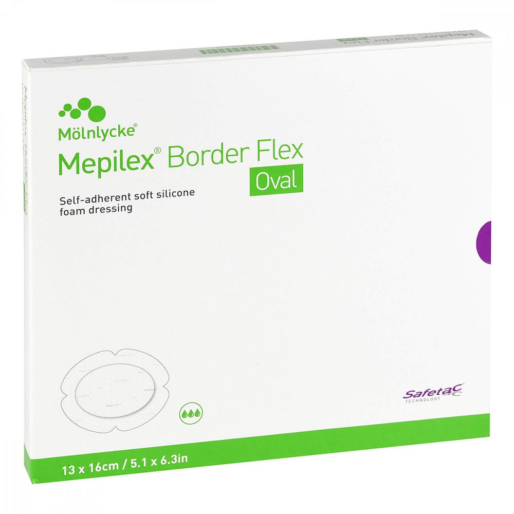 Das Produktfoto zeigt Mepilex Border Flex Schaumverb.Haft.13x16 Cm Oval (5 stk) PZN 10187459