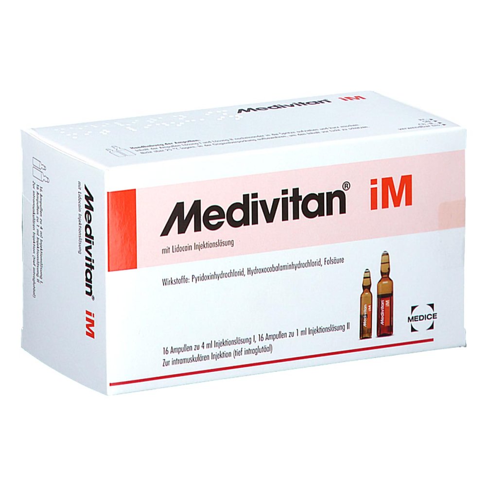 Das Produktfoto zeigt Medivitan Im M.Lidocain Inj.-Lsg.I.Amp.-Paare (16 stk) PZN 10192762