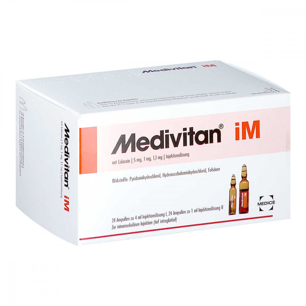 Das Produktfoto zeigt Medivitan Im M.Lidocain Inj.-Lsg.I.Amp.-Paare (24 stk) PZN 10192779