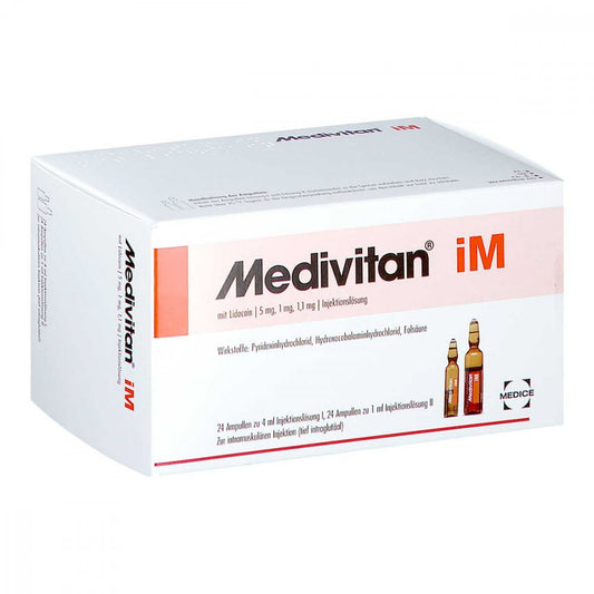 Das Produktfoto zeigt Medivitan Im M.Lidocain Inj.-Lsg.I.Amp.-Paare (24 stk) PZN 10192779