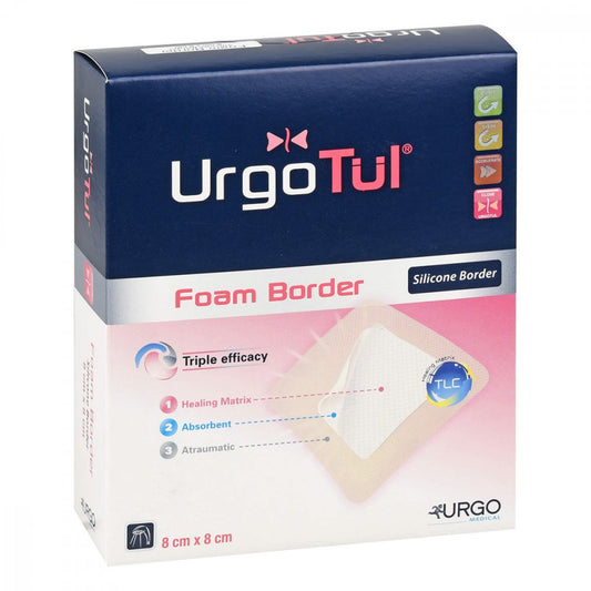 Das Produktfoto zeigt Urgotül Foam Border 8x8 Cm Verband (10 stk) PZN 10203106