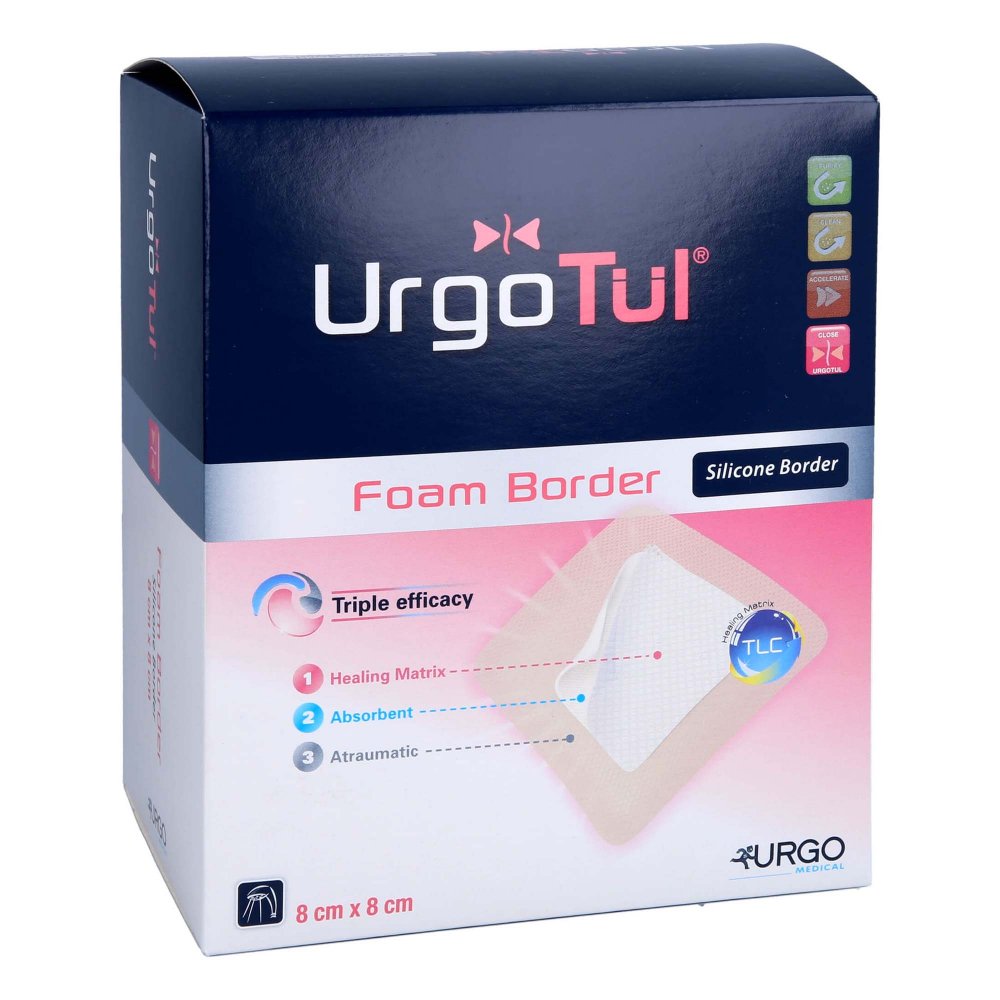 Das Produktfoto zeigt Urgotül Foam Border 8x8 Cm Verband (20 stk) PZN 10203112