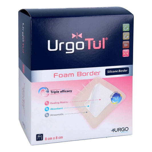 Das Produktfoto zeigt Urgotül Foam Border 8x8 Cm Verband (20 stk) PZN 10203112