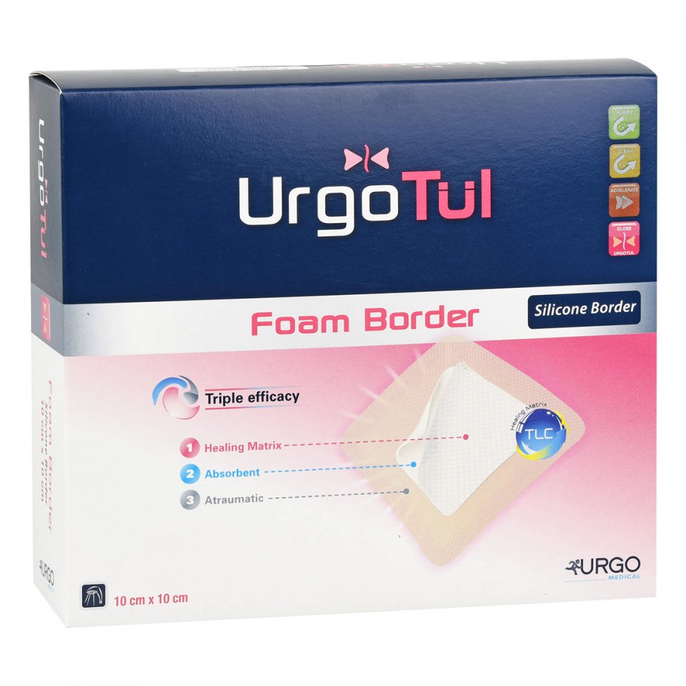 Das Produktfoto zeigt Urgotül Foam Border 10x10 Cm Verband (10 stk) PZN 10203129