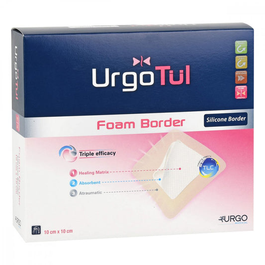 Das Produktfoto zeigt Urgotül Foam Border 10x10 Cm Verband (10 stk) PZN 10203129