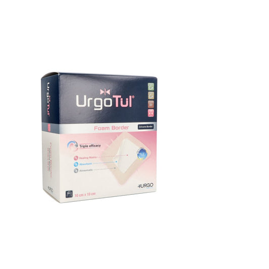 Das Produktfoto zeigt Urgotül Foam Border 10x10 Cm Verband (20 stk) PZN 10203141