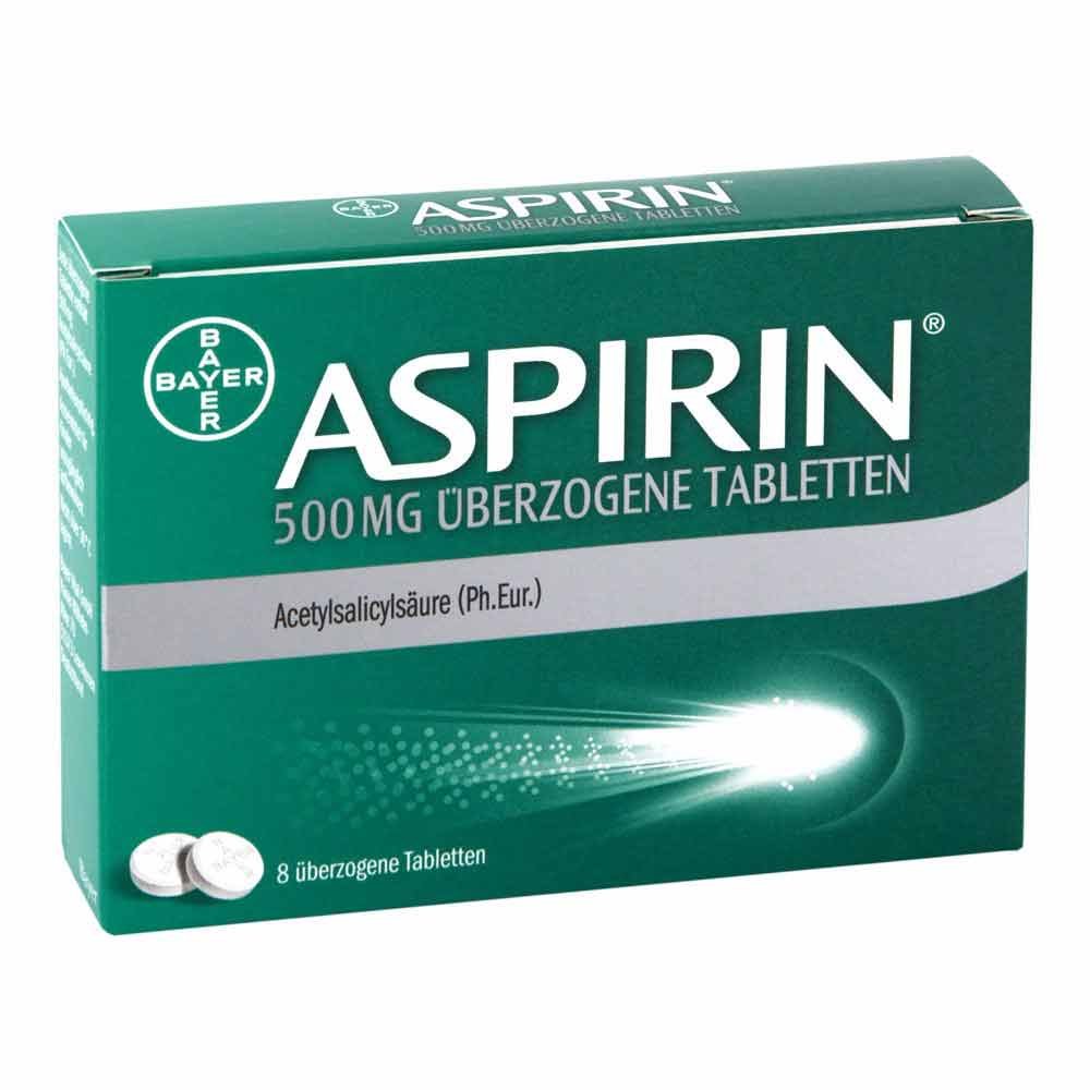 Das Produktfoto zeigt Aspirin 500 Mg Überzogene Tabletten (8 stk) PZN 10203595