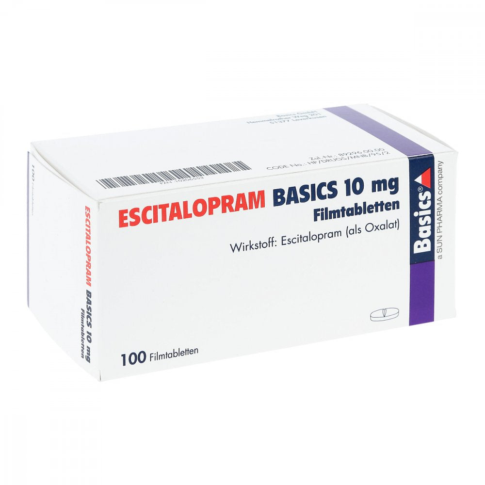 Das Produktfoto zeigt Escitalopram Basics 10 Mg Filmtabletten (100 stk) PZN 10206553