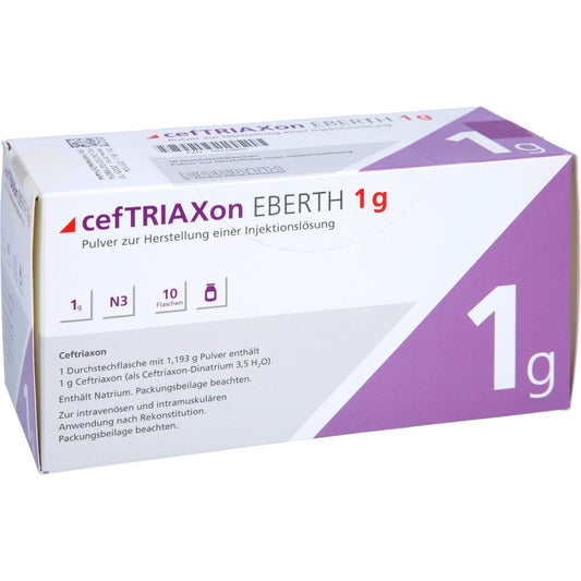 Das Produktfoto zeigt Ceftriaxon Eberth 1 G Pulver Z.Herst.E.Inj.-Lsg. (10 stk) PZN 10219805