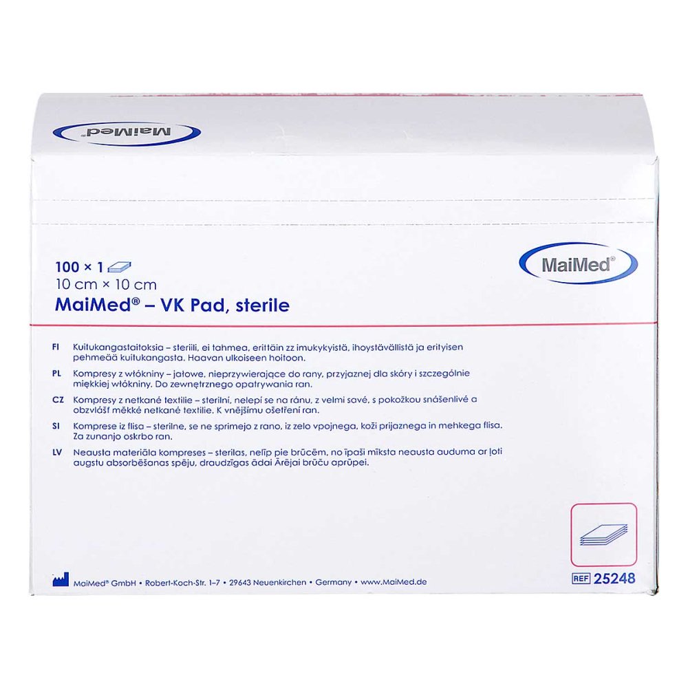 Das Produktfoto zeigt Maimed Vk Pad Vlieskompressen Steril 10x10 Cm (100 stk) PZN 10223474