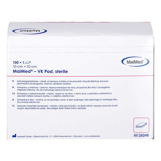 Das Produktfoto zeigt Maimed Vk Pad Vlieskompressen Steril 10x10 Cm (100 stk) PZN 10223474