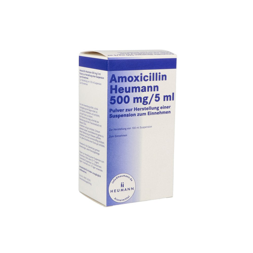 Das Produktfoto zeigt Amoxicillin Heumann 500mg/5ml Plv.Z.Her.E.Sus.Z.E. (100 ml) PZN 10229212