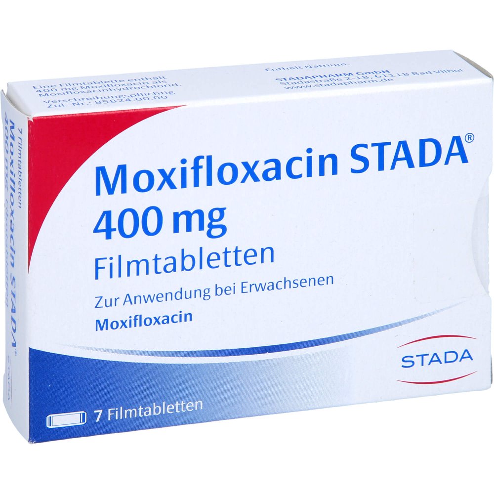 Das Produktfoto zeigt Moxifloxacin Stada 400 Mg Filmtabletten (7 stk) PZN 10251358
