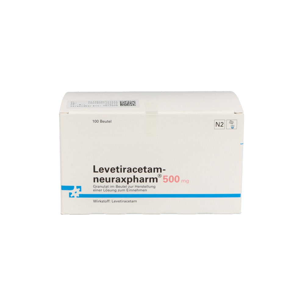 Das Produktfoto zeigt Levetiracetam-Neuraxpharm 500 Mg G.Z.H.E.Lsg.Z.Ein (100 stk) PZN 10251743