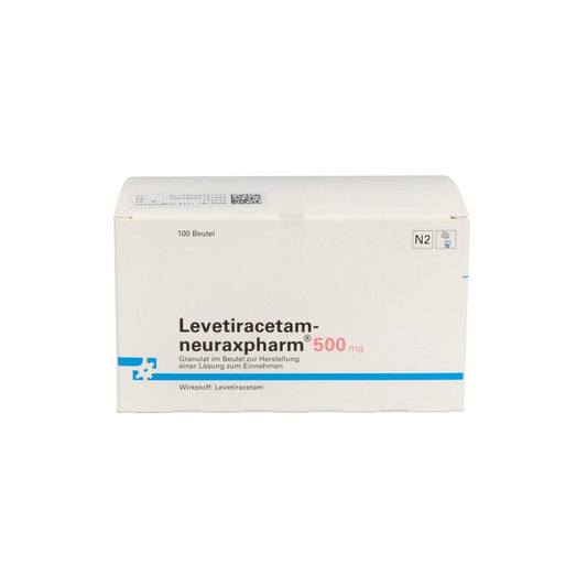 Das Produktfoto zeigt Levetiracetam-Neuraxpharm 500 Mg G.Z.H.E.Lsg.Z.Ein (100 stk) PZN 10251743