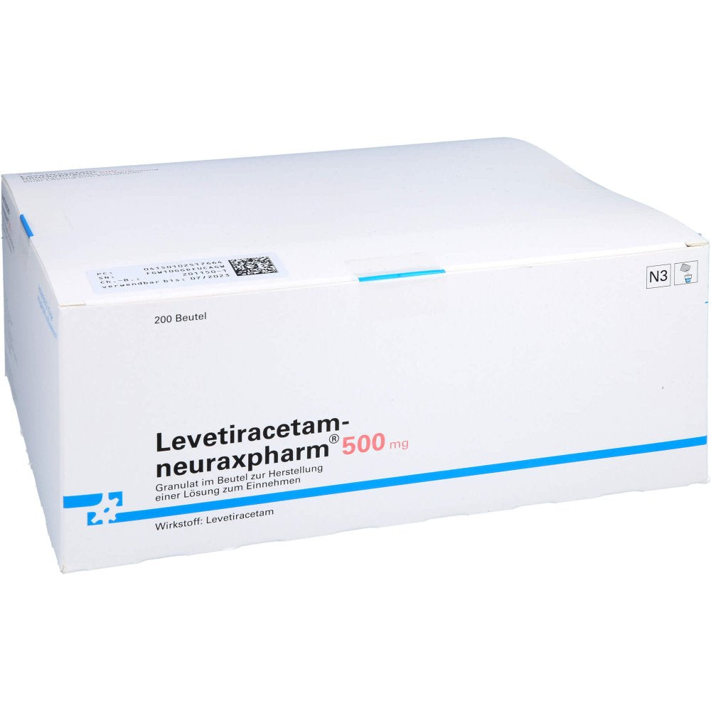 Das Produktfoto zeigt Levetiracetam-Neuraxpharm 500 Mg G.Z.H.E.Lsg.Z.Ein (200 stk) PZN 10251766