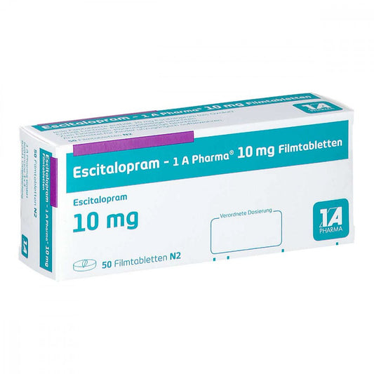 Das Produktfoto zeigt Escitalopram-1a Pharma 10 Mg Filmtabletten (50 stk) PZN 10254084