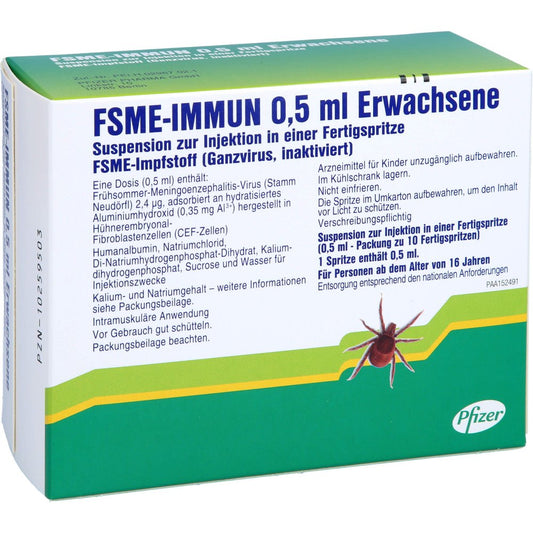 Das Produktfoto zeigt Fsme-Immun 0,5ml Erwachsene Inj.-Susp.Fs O.Kan. (10 stk) PZN 10259503