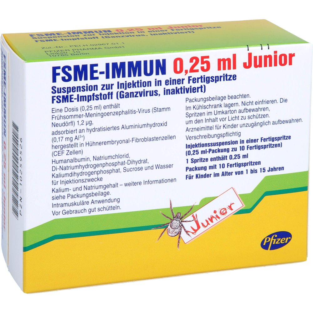 Das Produktfoto zeigt Fsme-Immun 0,25 Ml Junior Injek.Sus.I.E.Fs.O.Kan. (10 stk) PZN 10259526