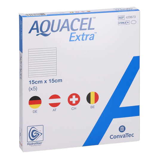 Das Produktfoto zeigt Aquacel Extra 15x15 Cm Verband (5 stk) PZN 10261167