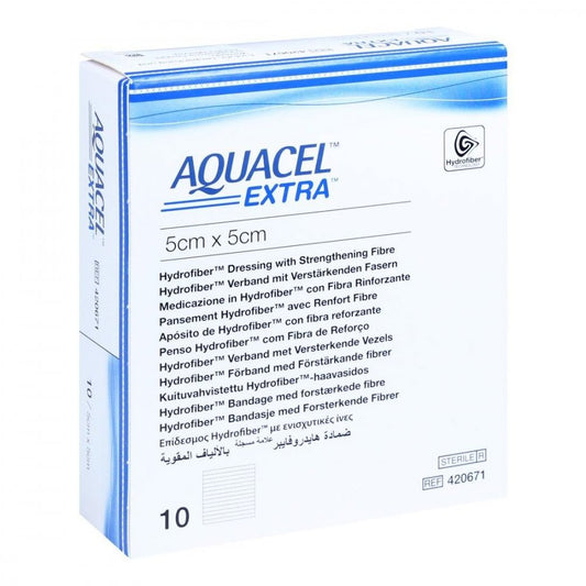 Das Produktfoto zeigt Aquacel Extra 5x5 Cm Verband (10 stk) PZN 10261196
