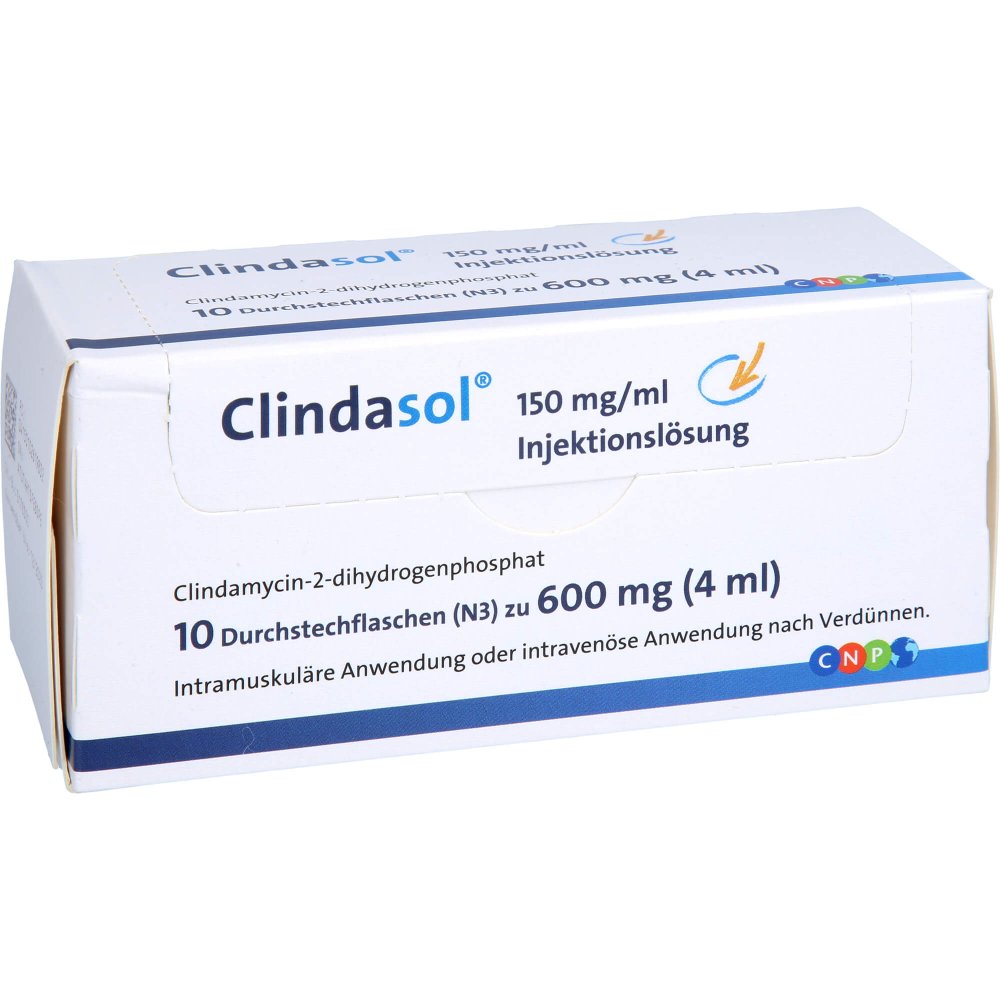 Das Produktfoto zeigt Clindasol 150 Mg/Ml Inj.-Lsg.600 Mg (10X4 ml) PZN 10261983