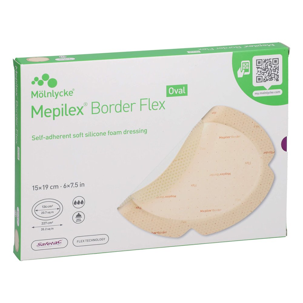 Das Produktfoto zeigt Mepilex Border Flex Schaumverb.Haft.15x19 Cm Oval (5 stk) PZN 10264036